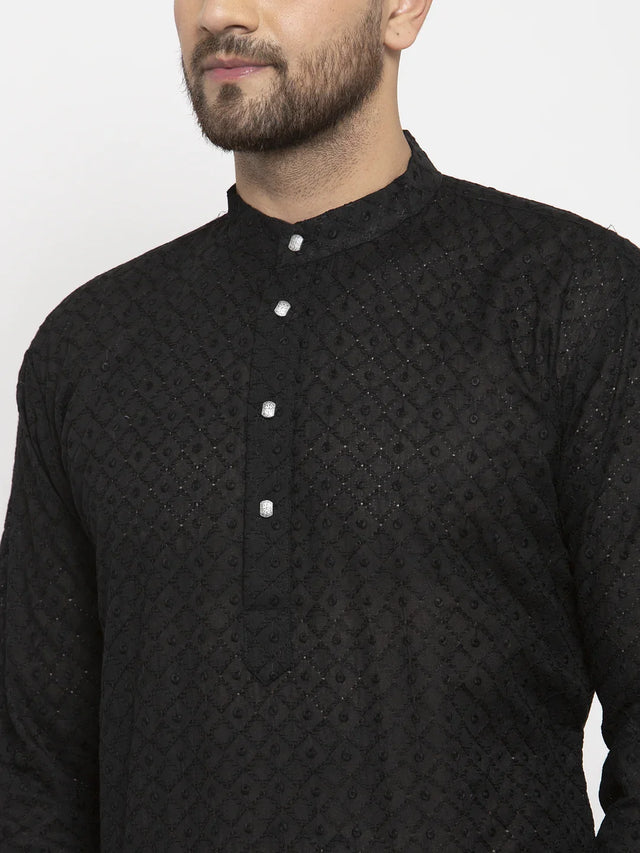 Men's Black Cotton Embroidered Kurta Set - XXL