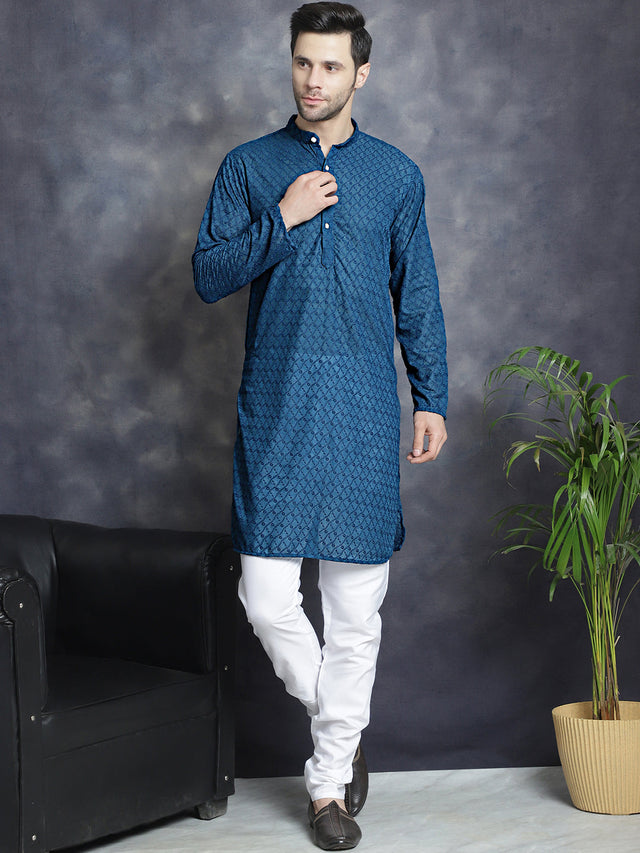 Men's Blue Chikankari Cotton Kurta