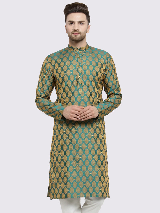 Men's Green Jacquard Woven Kurta Top