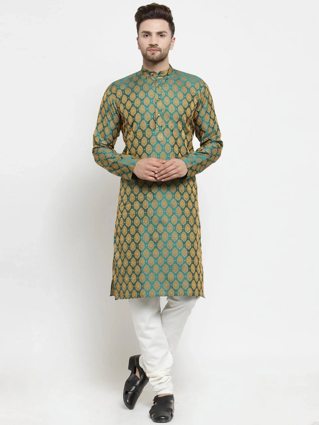 Men's Green Jacquard Woven Kurta Top