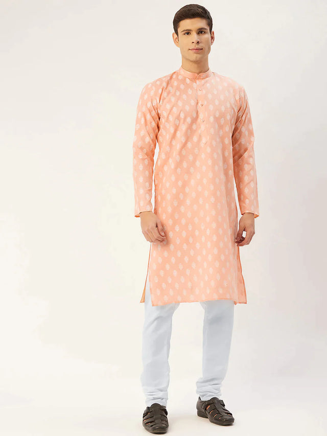 Men's Peach Cotton Blend Printed Kurta Set