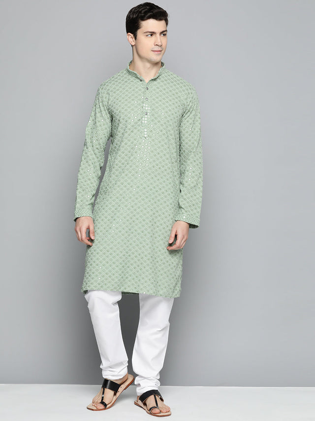 Men Pista Green Chikankari Embroidered And Sequin Kurta With Churidar