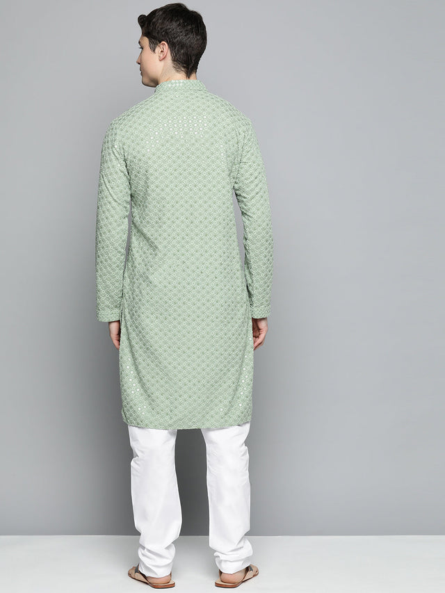 Men Pista Green Chikankari Embroidered And Sequin Kurta With Churidar