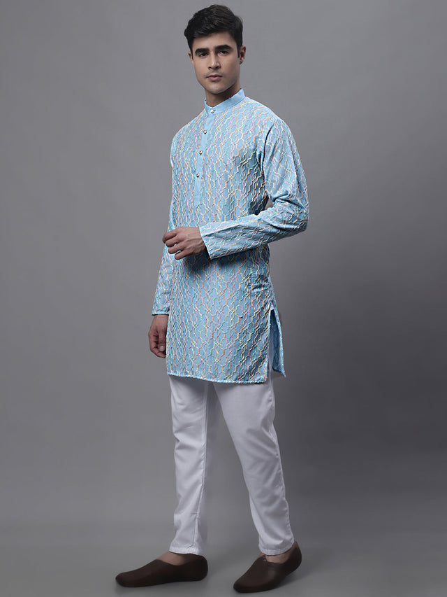 Men's Sky Blue And Multi Colored Embroidered Straight Kurta Pajama Set