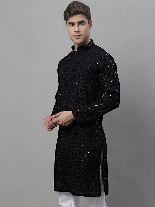 Men's Black Chikankari Embroidered And Sequin Kurta