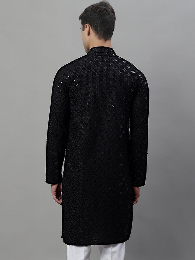 Men's Black Chikankari Embroidered And Sequin Kurta