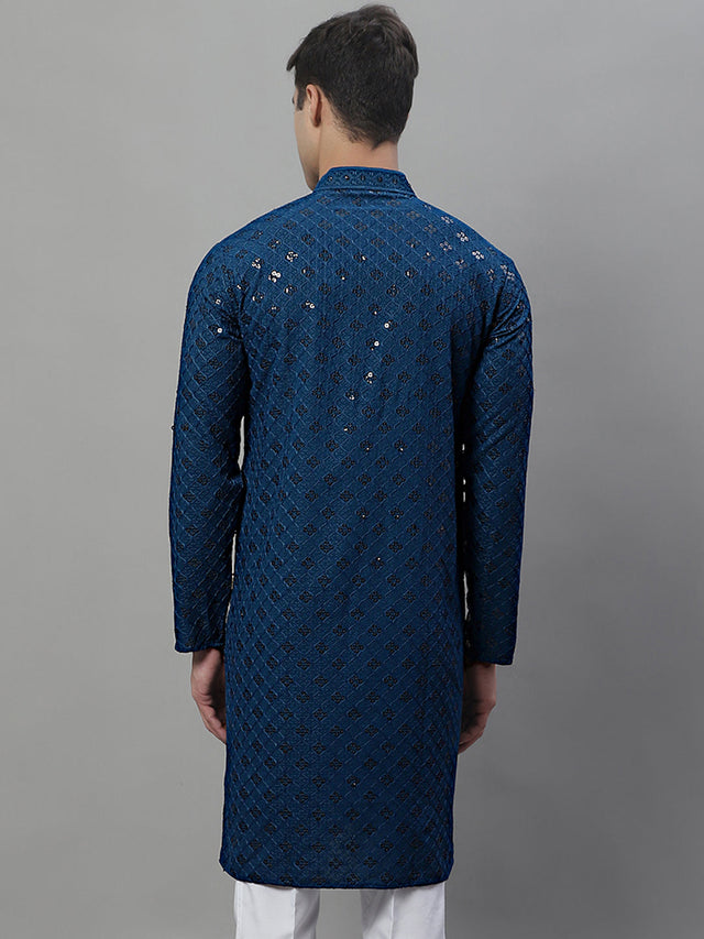 Men's Peacock Blue Chikankari Embroidered And Sequin Kurta
