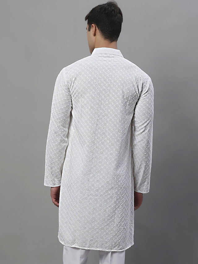 Men's White Chikankari Embroidered And Sequins Kurta