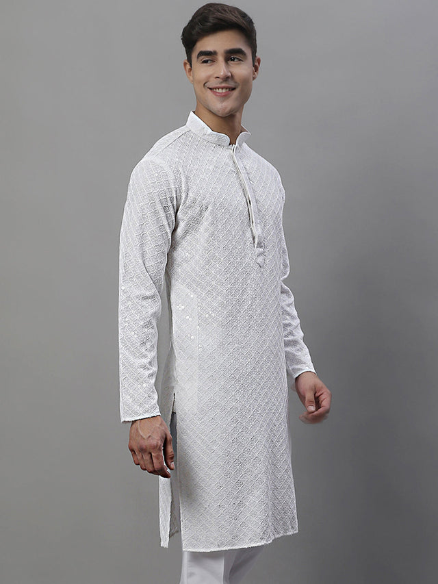 Men's White Chikankari Embroidered And Sequins Kurta