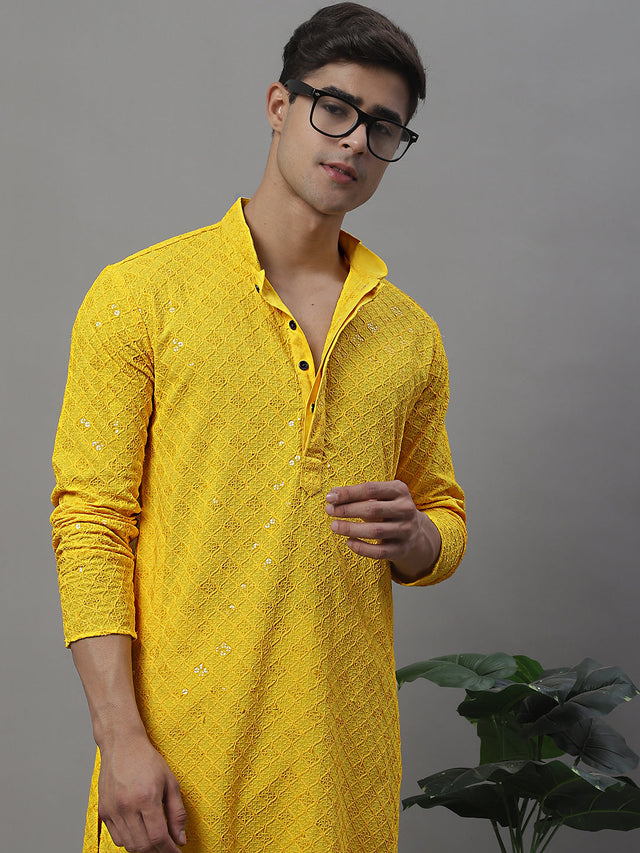 Men's Yellow Chikankari Embroidered And Sequin Kurta - L