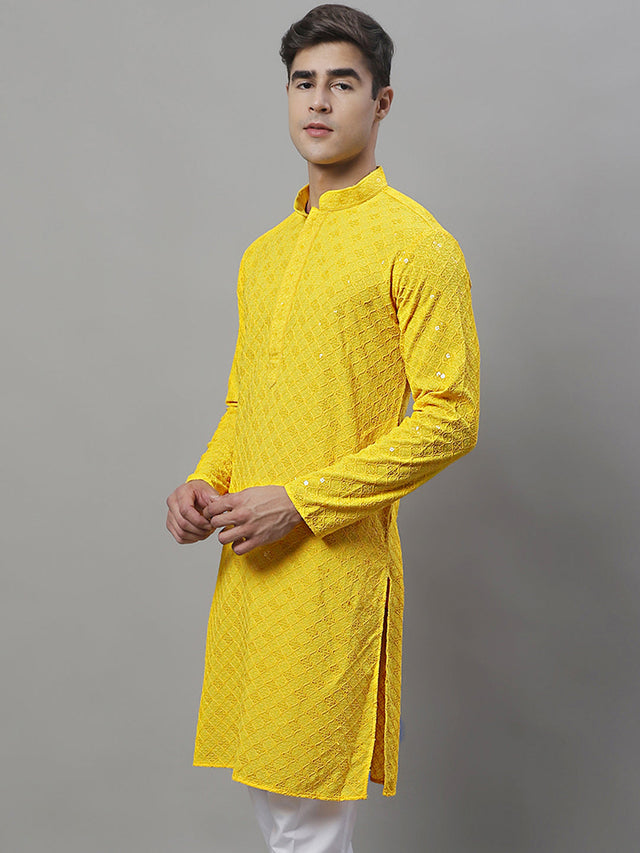 Men's Yellow Chikankari Embroidered And Sequin Kurta