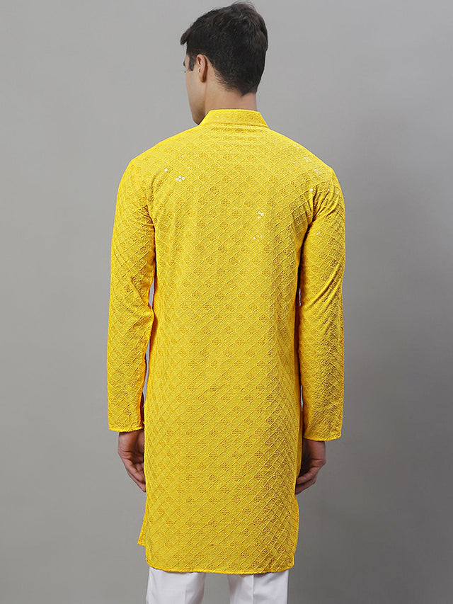 Men's Yellow Chikankari Embroidered And Sequin Kurta - L