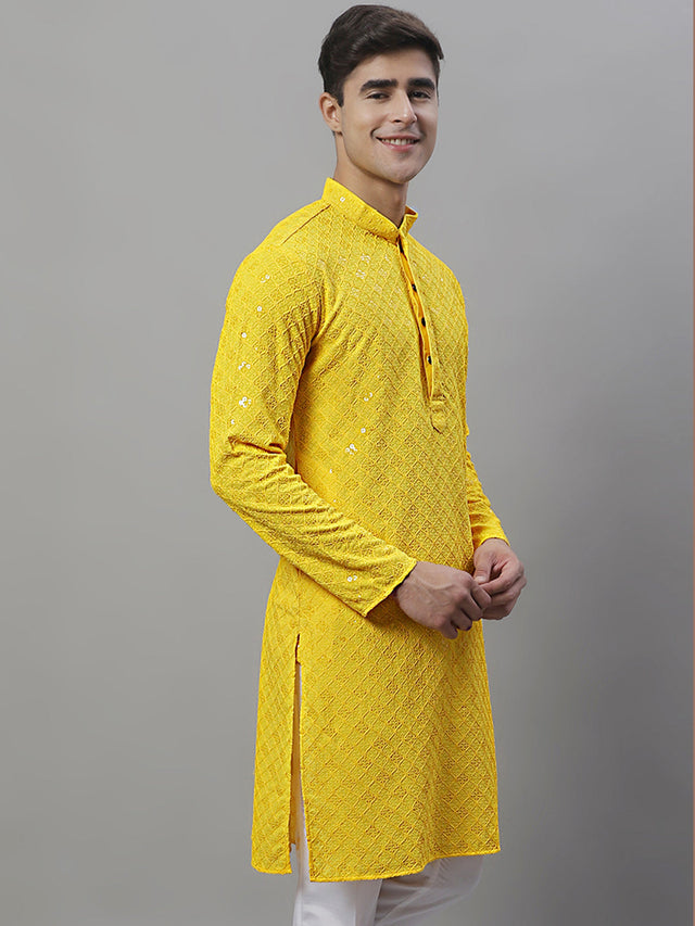 Men's Yellow Chikankari Embroidered And Sequin Kurta