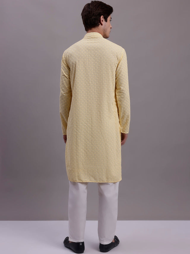 Men's Yellow Chikankari Embroidered And Sequin Kurta With Pajama