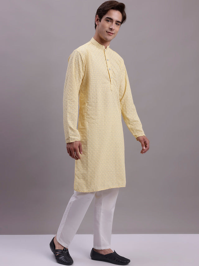 Men's Yellow Chikankari Embroidered And Sequin Kurta With Pajama