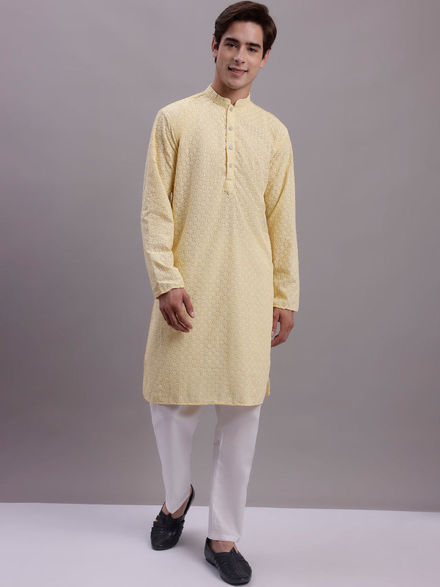 Men's Yellow Chikankari Embroidered And Sequin Kurta With Pajama