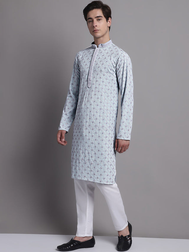 Men's Blue Chikankari Embroidered And Sequin Kurta With Pajama