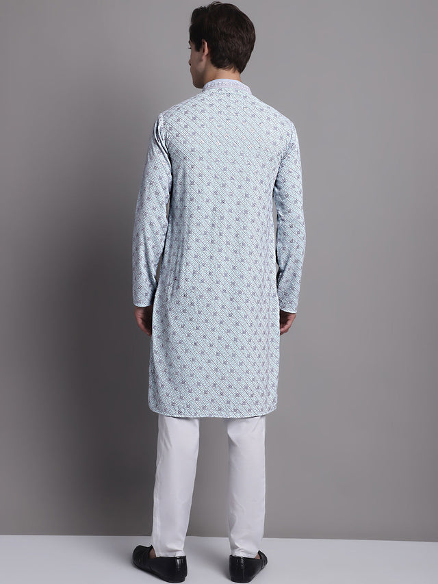 Men's Blue Chikankari Embroidered And Sequin Kurta With Pajama