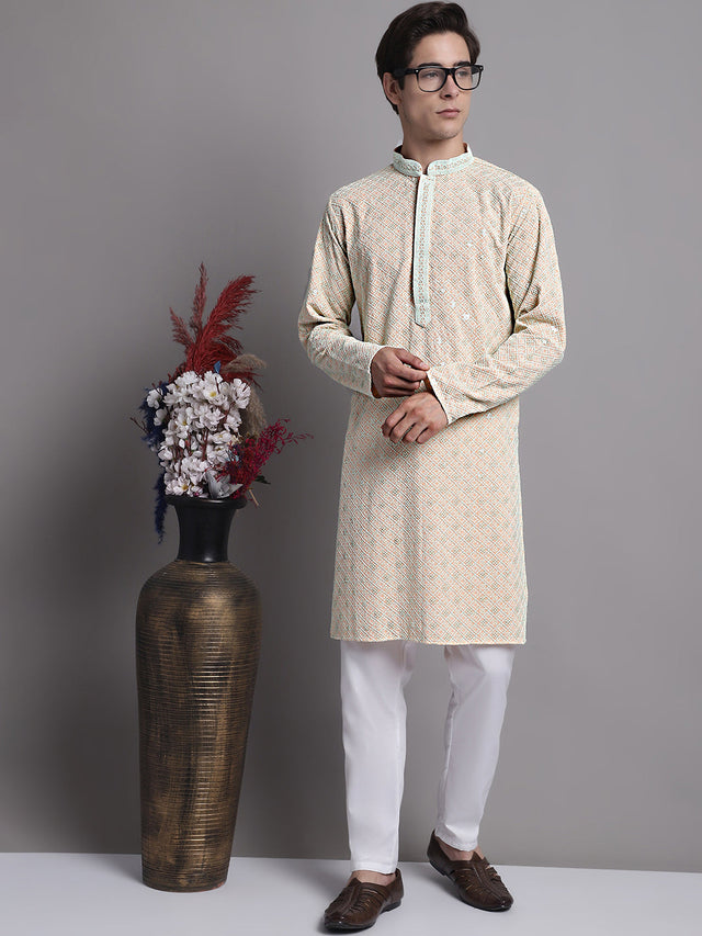 Men's Peach Chikankari Embroidered And Sequin Kurta With Pajama