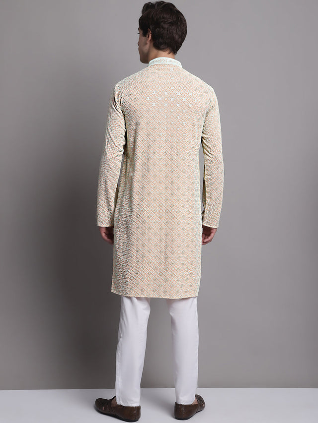 Men's Peach Chikankari Embroidered And Sequin Kurta With Pajama
