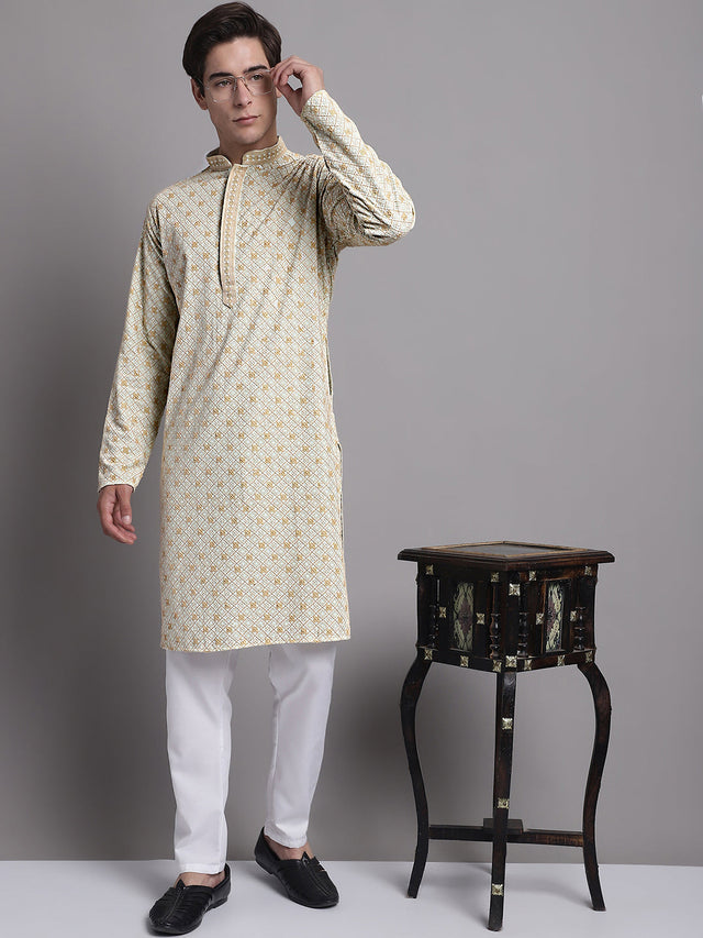 Men's Light Green Chikankari Embroidered And Sequin Kurta With Pajama