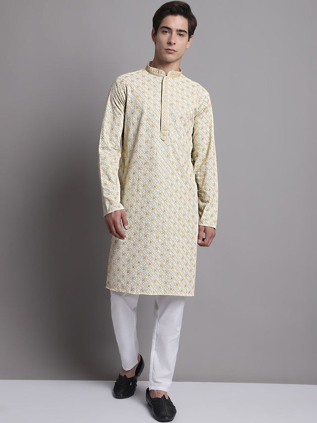 Men's Light Green Chikankari Embroidered And Sequin Kurta With Pajama