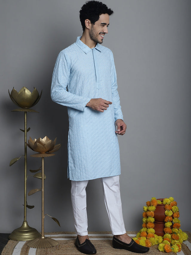 Men's Chikankari Embroidered And Sequin Kurta With Pajama