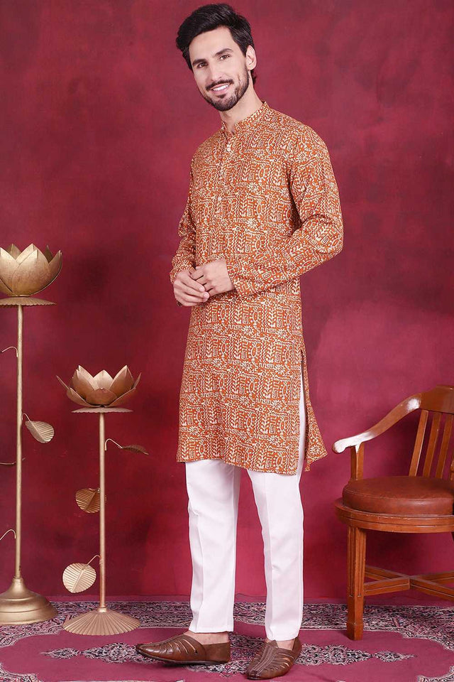 Mustard Printed Viscose Rayon Men's Kurta Set (JOKP_P_5014Mustard)