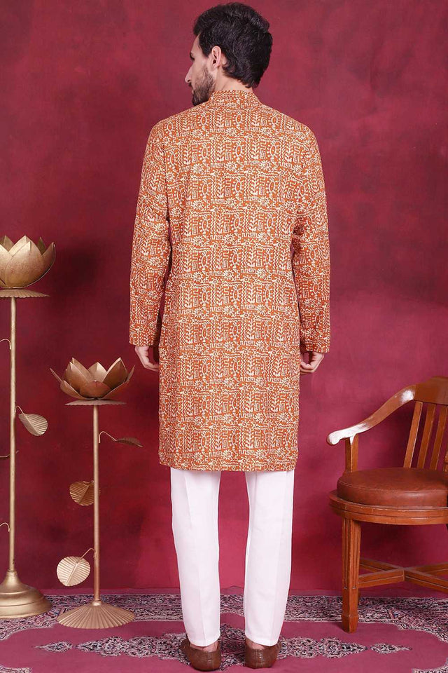 Mustard Printed Viscose Rayon Men's Kurta Set (JOKP_P_5014Mustard)