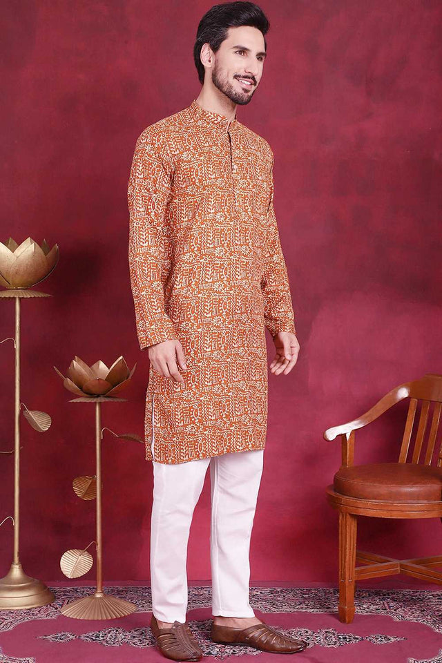 Mustard Printed Viscose Rayon Men's Kurta Set (JOKP_P_5014Mustard)