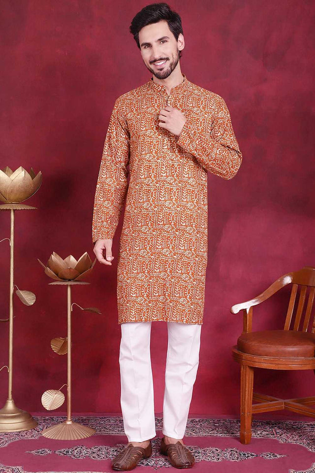 Mustard Printed Viscose Rayon Men's Kurta Set (JOKP_P_5014Mustard)