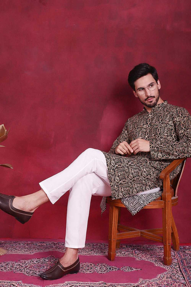 Olive-Green Printed Viscose Rayon Men's Kurta Sets