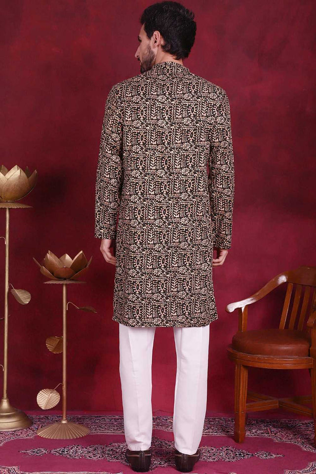 Olive-Green Printed Viscose Rayon Men's Kurta Sets