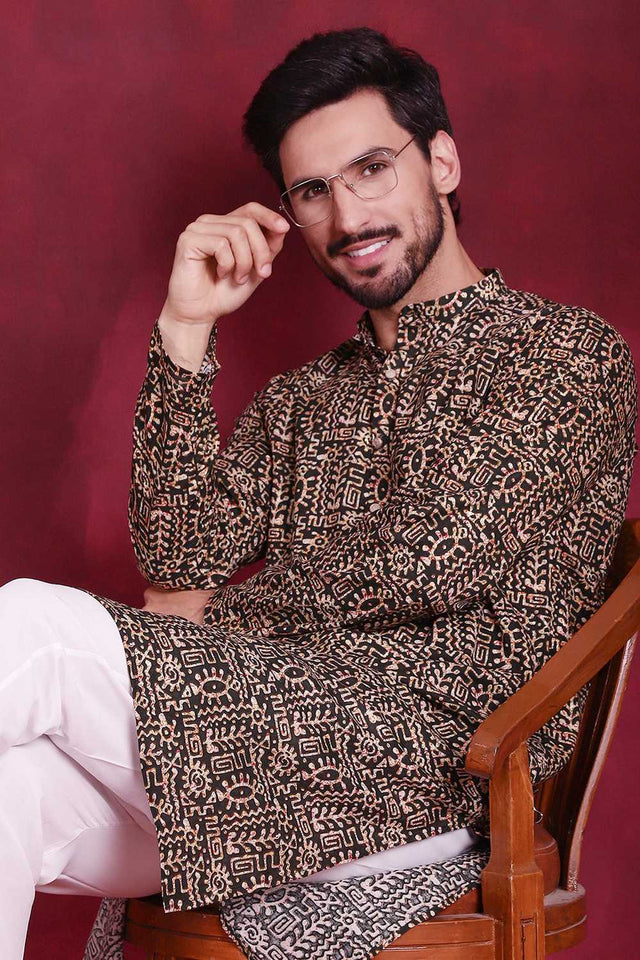 Olive-Green Printed Viscose Rayon Men's Kurta Sets
