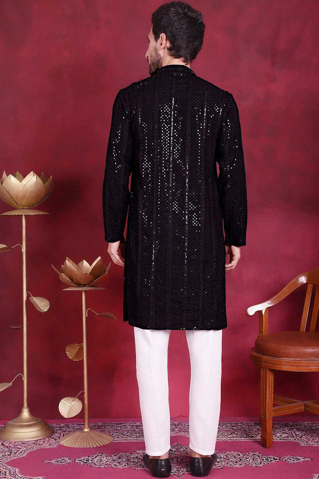 Black Sequins Viscose Rayon Men's Kurta Sets