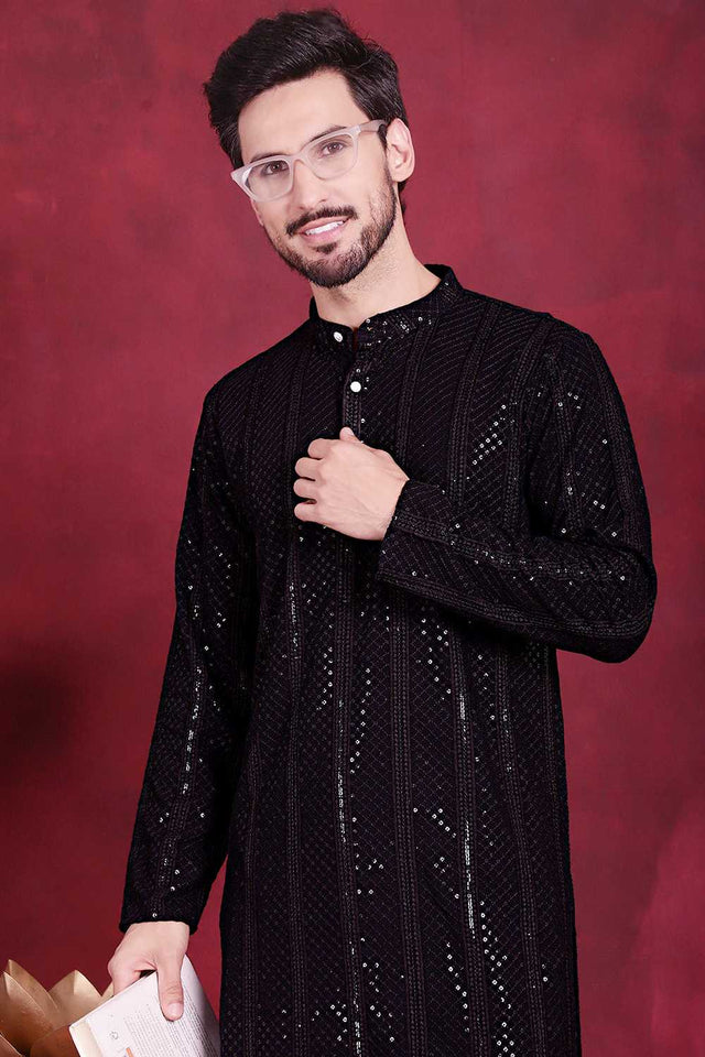 Black Sequins Viscose Rayon Men's Kurta Sets