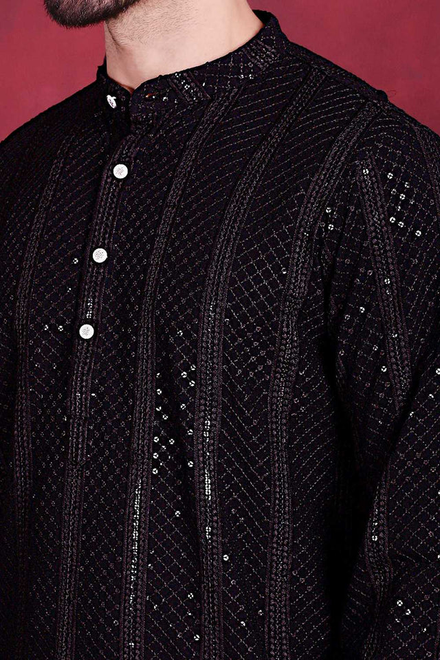 Black Sequins Viscose Rayon Men's Kurta Sets