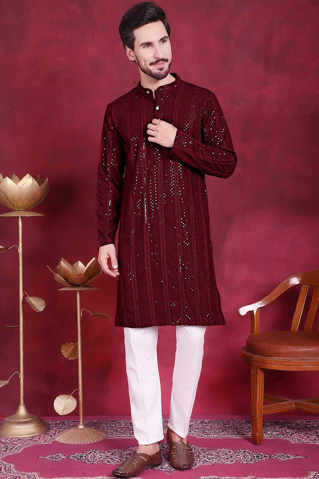 Maroon Sequins Viscose Rayon Men's Kurta Sets