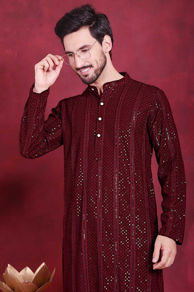 Maroon Sequins Viscose Rayon Men's Kurta Sets