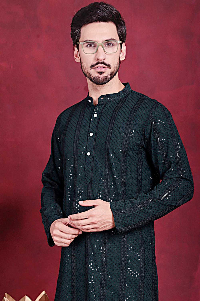 Olive Green Sequins Viscose Rayon Men's Kurta Set (JOKP_P_5015Olive)