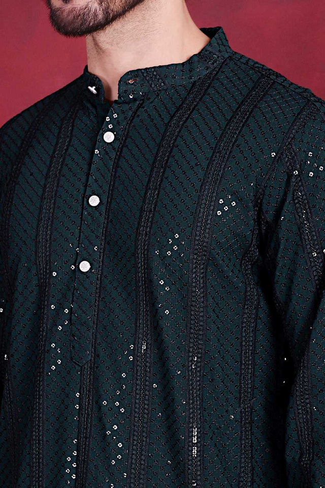 Olive Green Sequins Viscose Rayon Men's Kurta Set (JOKP_P_5015Olive)