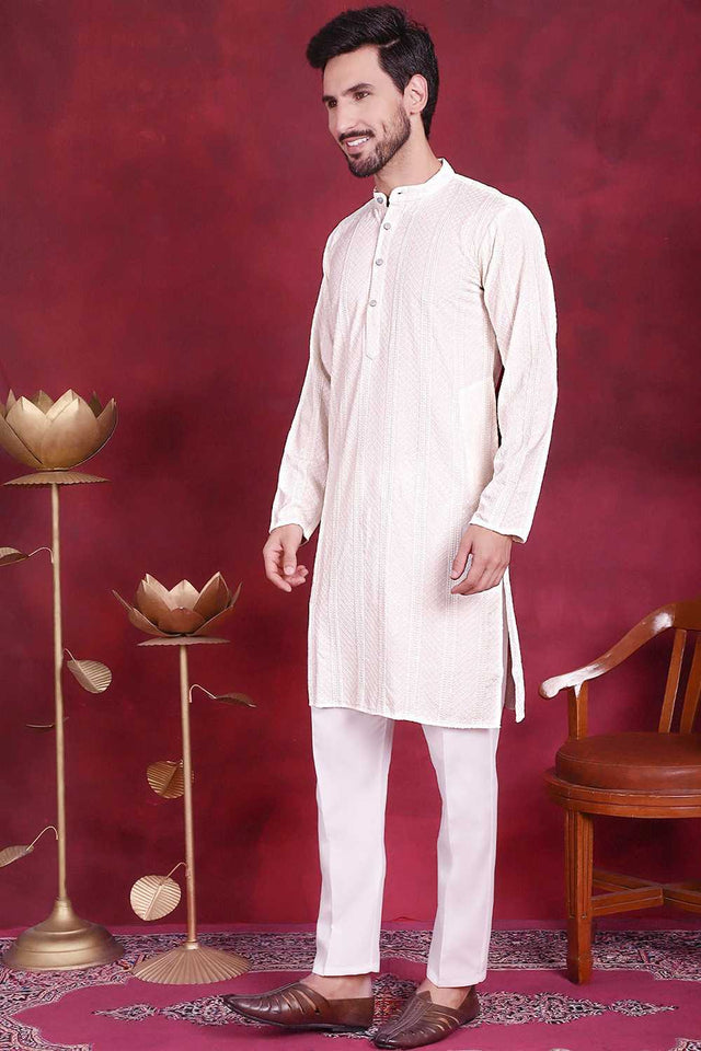 White Sequins Viscose Rayon Men's Kurta Sets