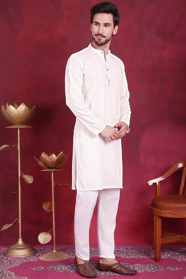 White Sequins Viscose Rayon Men's Kurta Sets