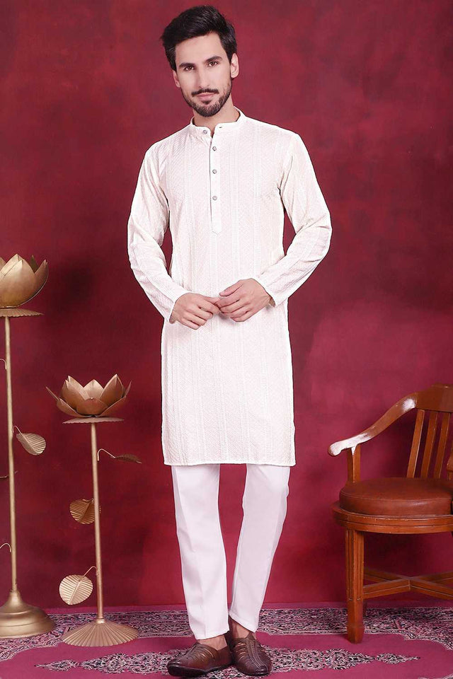 White Sequins Viscose Rayon Men's Kurta Sets