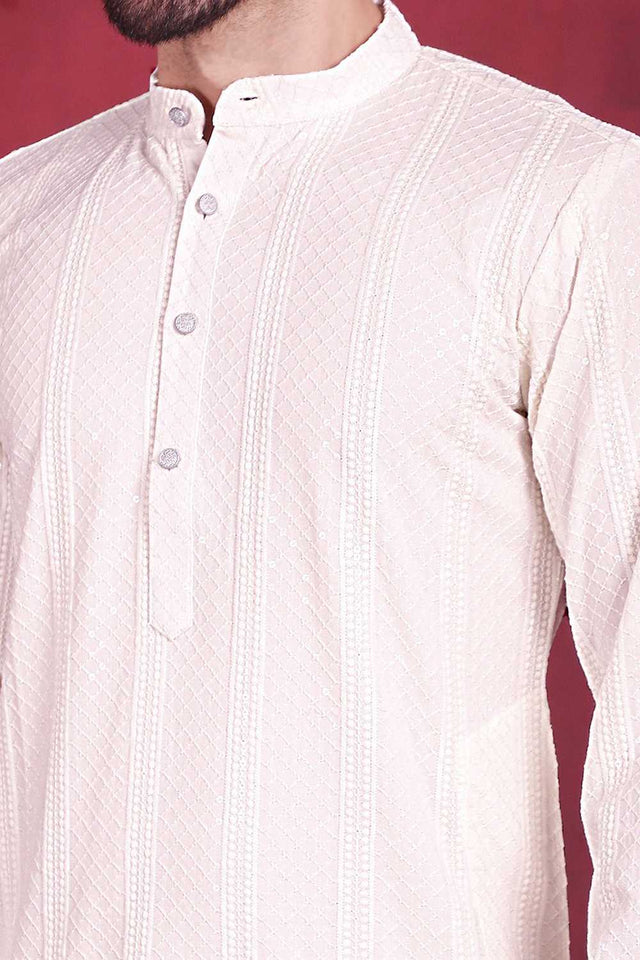 White Sequins Viscose Rayon Men's Kurta Sets