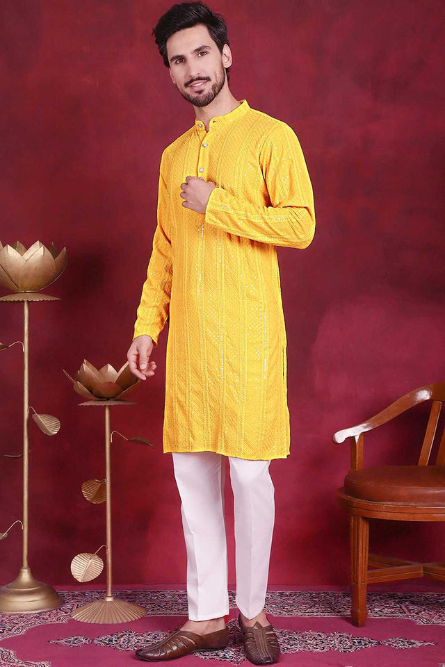 Yellow Sequins Viscose Rayon Men's Kurta Sets