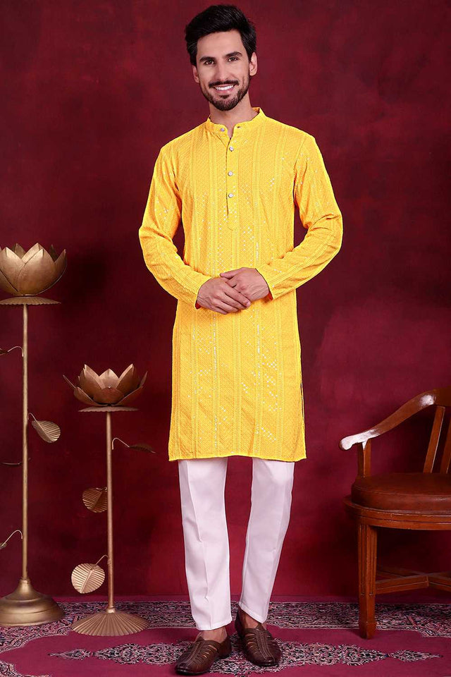 Yellow Sequins Viscose Rayon Men's Kurta Sets