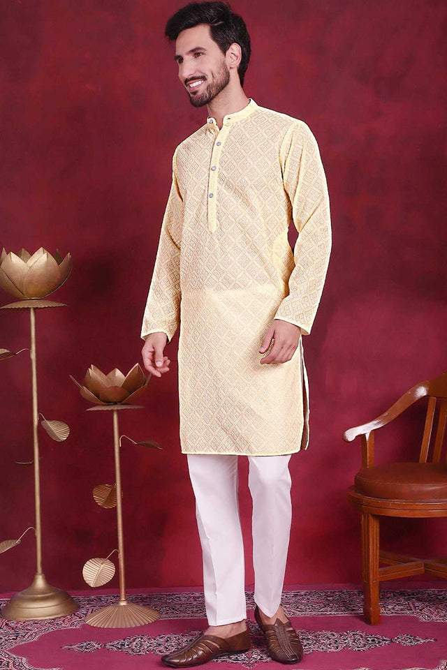 Yellow Chikankari Georgette Men's Kurta Sets