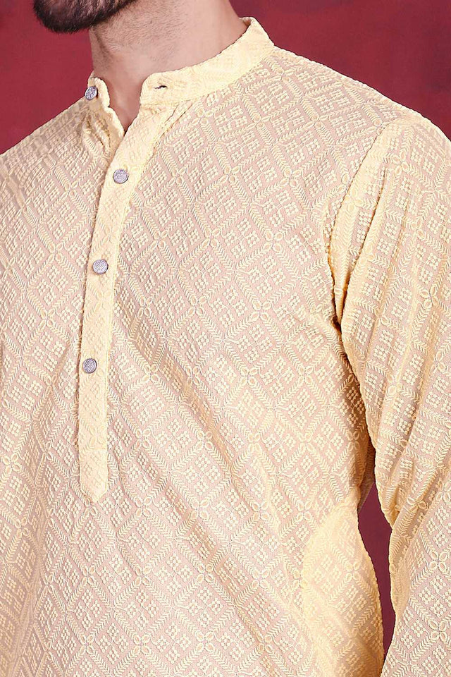 Yellow Chikankari Georgette Men's Kurta Sets