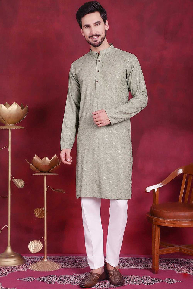 Green Chikankari Viscose Rayon Men's Kurta Sets